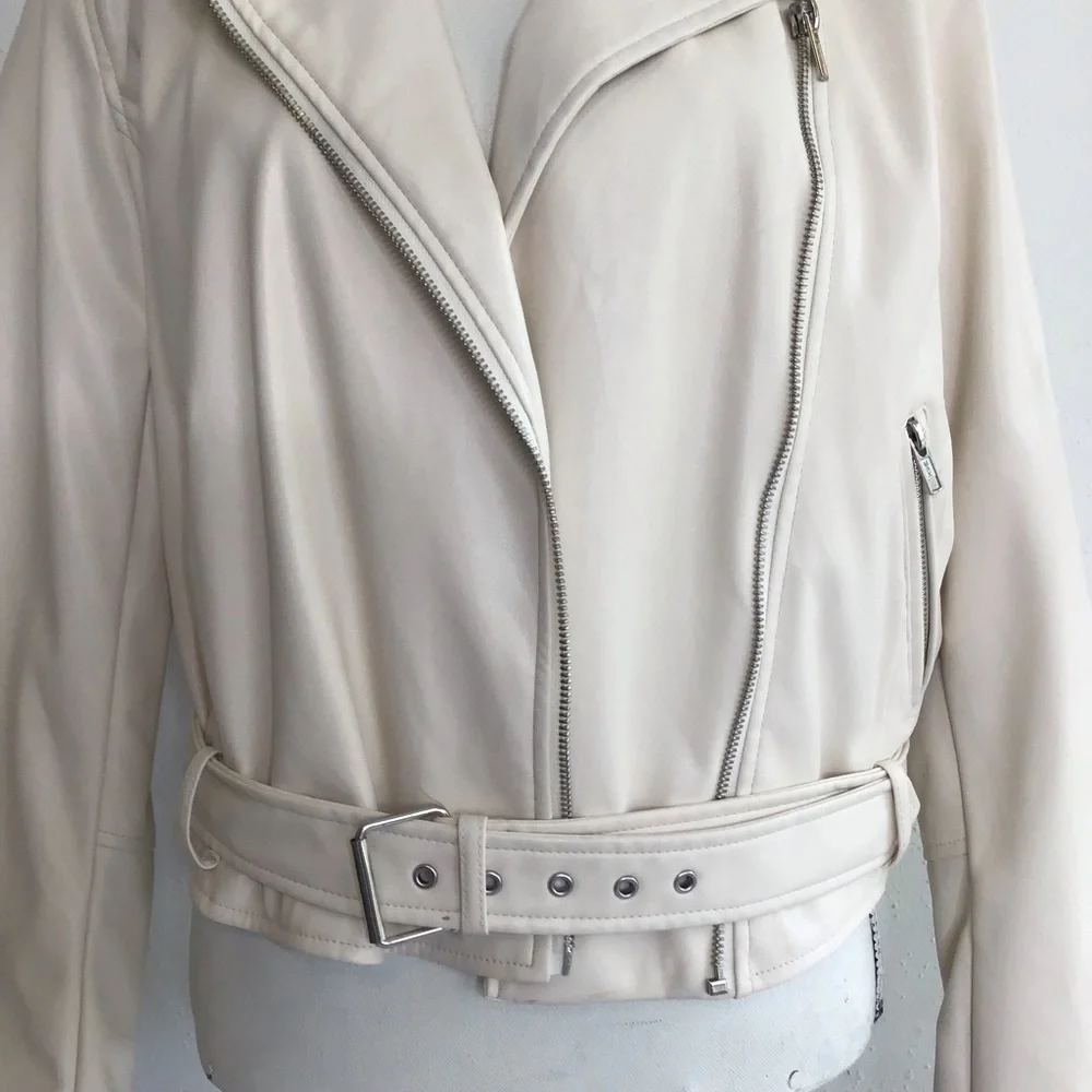 AND NOW THIS WOMEN STYLISH CREAM FAUX LEATHER COLLARED ZIPPER MOTO JACKET SZ L - Picture 5 of 12